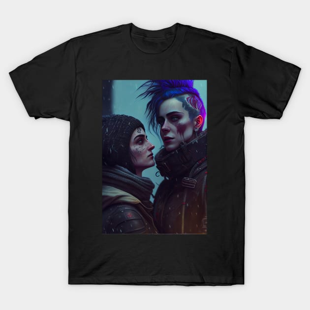 Futuristic Cyberpunk Lesbian Lovers Embrace in Emotional Portrait T-Shirt by Cyber Punks AI